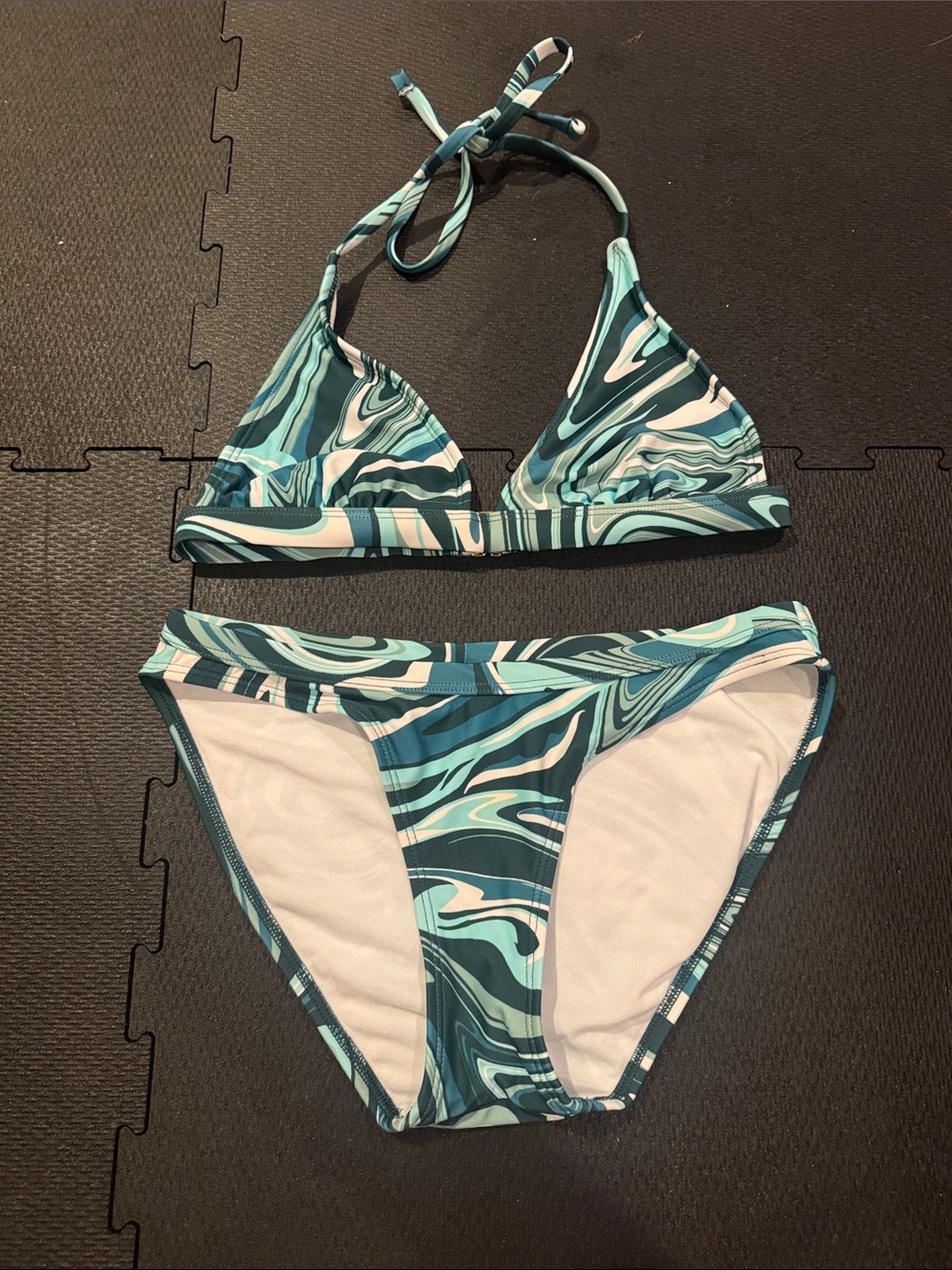 Xhilaration Teal Marble Halter Tie-Back Bikini Set